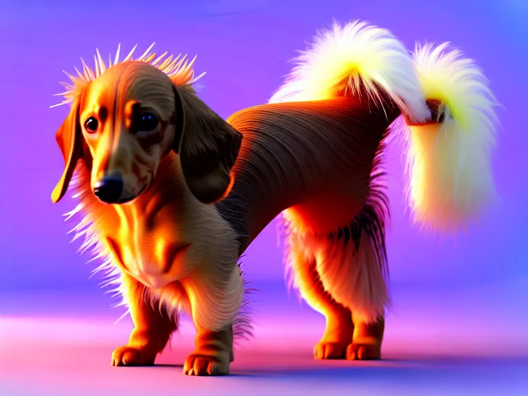 Prompt: high quality 3 d render hyperrealist very cute fluffy dachshund dog, plush mascot, long spiky fluffy hair, photo from the side, multi pastel colors, vray, smooth background, artstation, ultra detailed
