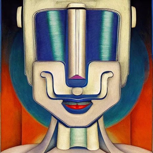 Prompt: the robot wearing her human mask, by christopher kit williams and diego rivera, symbolist, dramatic lighting, elaborate geometric ornament, art brut, god rays, soft cool colors, smooth, sharp focus, extremely detailed