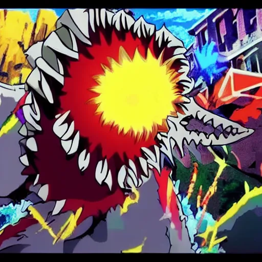 Prompt: head explosion dino slow motion anime