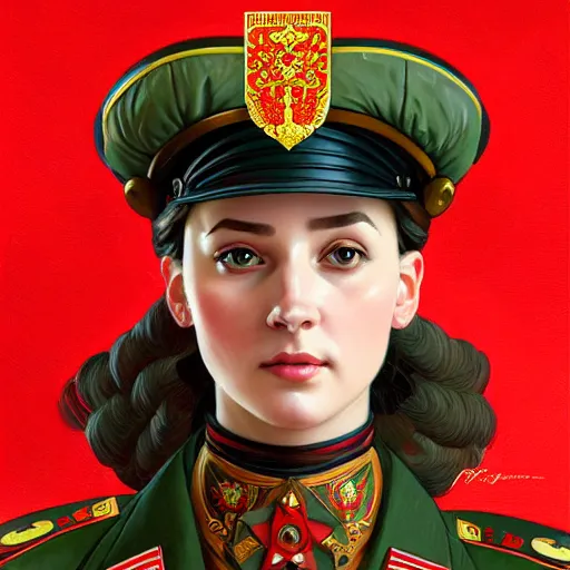 Prompt: a portrait of a female soviet officer, upper half portrait, decorated with soviet motifs, russian soviet motifs, soviet, traditional russia, intricate, elegant, highly detailed, symmetry, headpiece, digital painting, artstation concept art smooth sharp focus, illustration, art by artgerm and greg rutkowski alphonse mucha 8 k