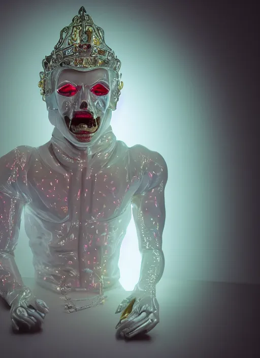 Image similar to photo of baroque and bladerunner delicate neon diamond sculpture of ceramic albino king santiago cabrera seductive delicious tongue out, creamy red iridescent humanoid deity wearing white puffy hoody holding diamond skull in a yellow metallic dungeon, reclining, glowing rainbow face, crown of white diamonds, cinematic lighting, photorealistic, octane render 8 k depth of field 3 d