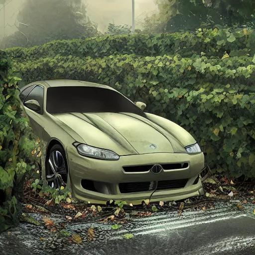 Prompt: a car overrun with vines, heonhwa choe, realistic, artstation