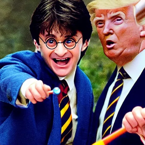 Image similar to harry potter using his magic wand to remove donald trump's suit, realistic photo.