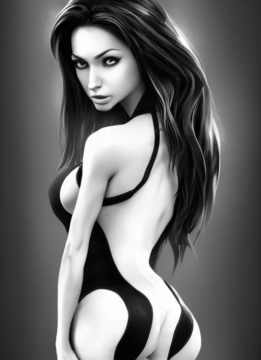 Image similar to full body portrait of a beautiful woman in black and white, photorealistic, hair down to waist, art by diego fazio and diegoKoi and artgerm, concept art, hyper sharp focus, 8k highly detailed