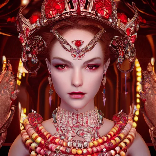 Image similar to photograph of wonderful princess with smooth fair skin, alluring eyes, red jewelry, breathtaking, elegant, ornate, intricate, hyper detailed, accent lighting, dramatic light, 4 k octane render