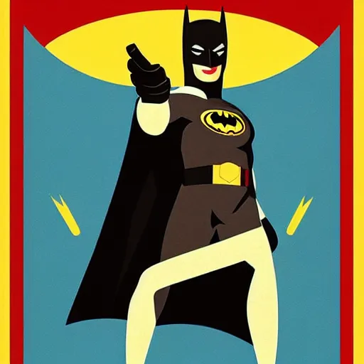 Prompt: retro poster with a painting of batman, an art deco painting by tom whalen, trending on behance, art deco, digital illustration, storybook illustration, art deco, flat shading, vector art, airbrush