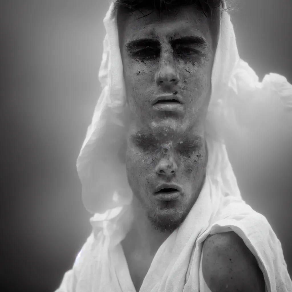 Image similar to Extreme Close-Up (ECU) vintage black and white portrait photo of a young man dressing in white robes wearing white masks in the field, the man is screaming, cinematic lighting, cinematic composition, cinematic atmosphere, misty foggy. Vogue photography Sigma 85mm f/5-6.3 lens, portrait winning photograph.