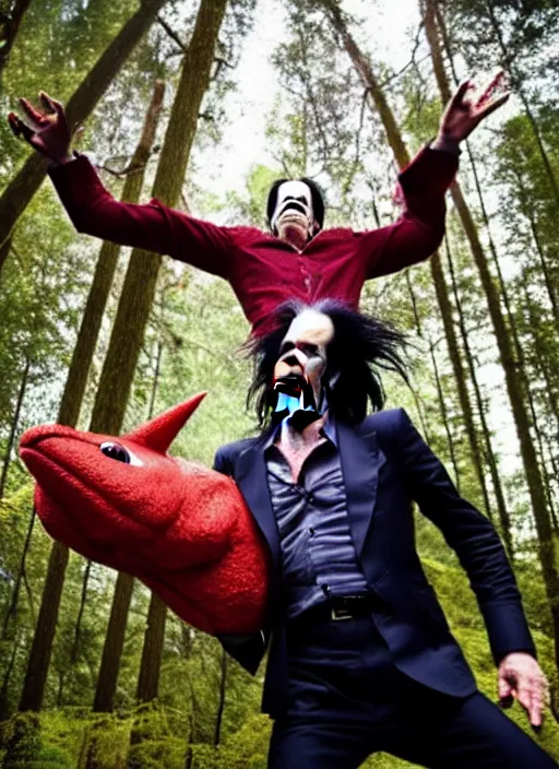 Image similar to a photo of an exuberant nick cave finding a giant devil in the deep forest