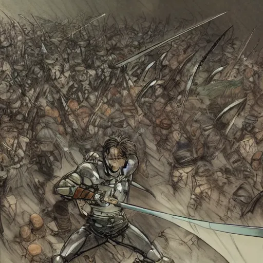 Prompt: one hero with sword looking at army of swordsmen in the background, in the middle of an arena, crowd of people, pencil art, straight, clear, added detail, high definiton, colored, backfacing, by yoji shinkawa