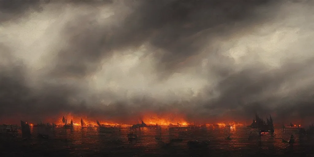 Prompt: Hyper realistic oil painting of a medieval fleet burning, dark smoke rising to the skies, stormy weather, dark clouds, fog, moody cinematic lighting, atmospheric, dark, by Greg Rutkowski, trending on artstation