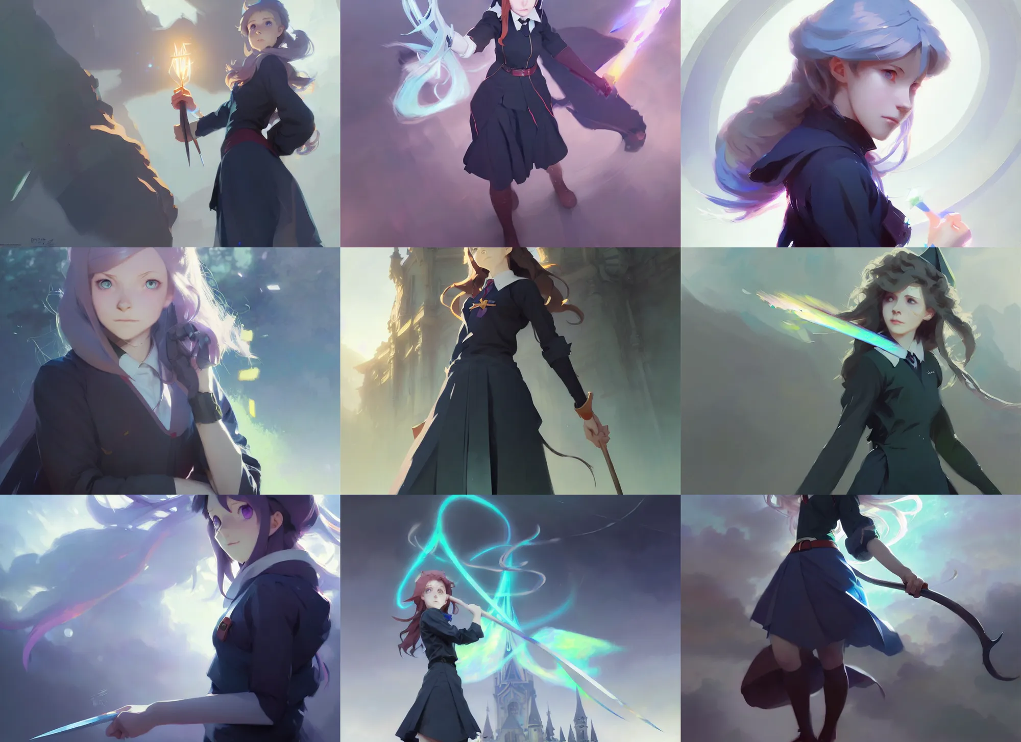 Prompt: witch academia, female college student, light iridescent hair color, magic school uniform, intricate, sharp focus, illustration, highly detailed, digital painting, concept art, matte, art by ruan jia and wlop and greg rutkowski, masterpiece