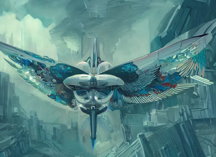 Image similar to concept art of an angelic modern jet plane with ornate birdlike wings with art deco patterns flying over an outpost in a forest, cyberpunk, high fantasy