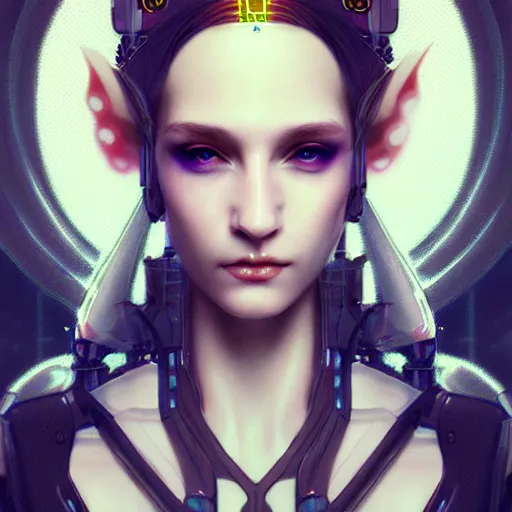 Image similar to cyberpunk robotic dark elvish queen, diadem on the head, extremely detailed, hyperrealistic, intricate, soft light, fantasy, digital painting, art station, perfect faces, fine details, by wlop