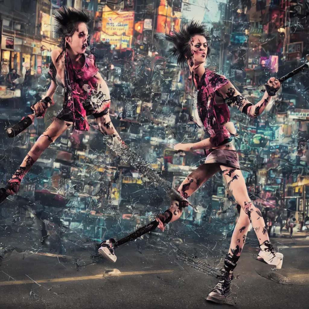 Prompt: extremely detailed picture of a punk girl hitting a crt tv with a spiked baseball bat in the middle of a crowded street, octane render, hdr, 8 k