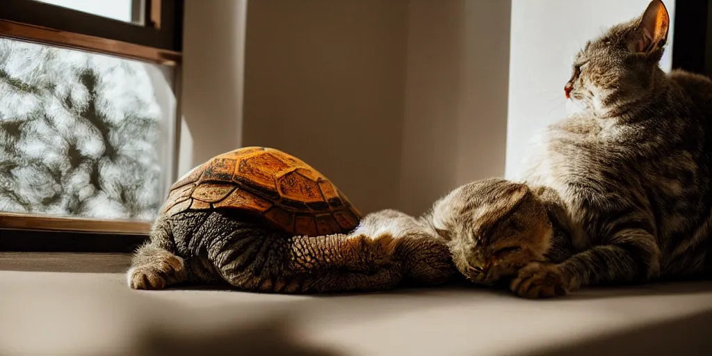 Prompt: a tortoise coloured cat sleeping by the window in the sunlight, afternoon sun, fireplace in the corner