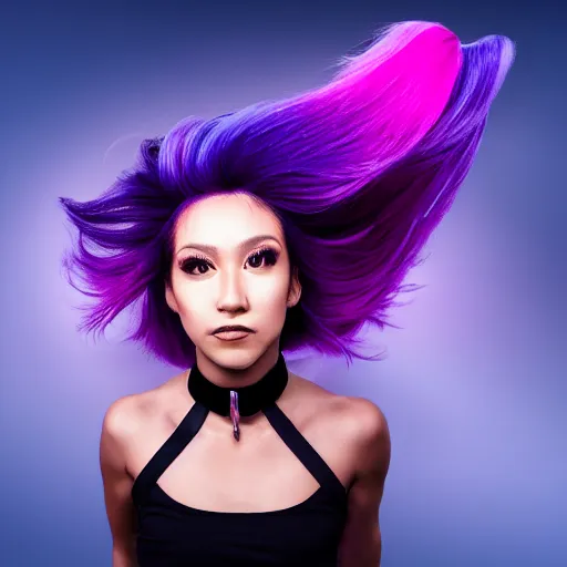 Image similar to a award winning action upper body portrait of a beautiful woman with a ombre purple pink hairstyle with head in motion and hair flying, choker, outrun, vaporware, vivid colors, highly detailed, fine detail, intricate