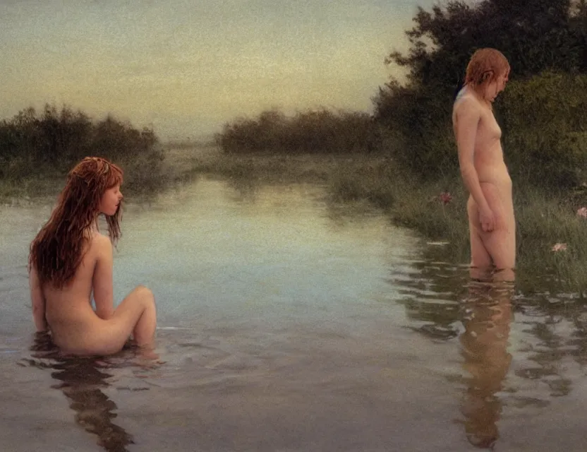 Image similar to peasant with wet hair taking a bath in a lake, back view, cottage core, cinematic focus, polaroid photo bleached vintage pastel colors high - key lighting, soft lights, foggy, by steve hanks, by lisa yuskavage, by serov valentin, by tarkovsky, 8 k render, detailed, oil on canvas