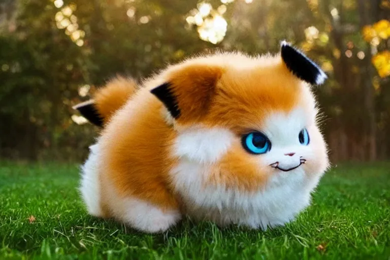 Image similar to real life pokemons, cute!!!, happy!!!, chunky!!!, content!!!, mischievous!!!, adorable!!!, fluffy!!!, ultra realistic!!!, golden hour, sharp focus