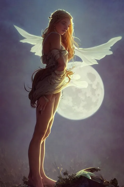 Image similar to fantasy, beautiful leg, long hair, girl, portrait, side view, cloud sky and moon night background, high detail, cinematic lighting, concept art, digital art, illustration, smooth, sharp focus, greg rutkowski, alphonse mucha, loish, wlop, trending on artstation, trending on deviantart