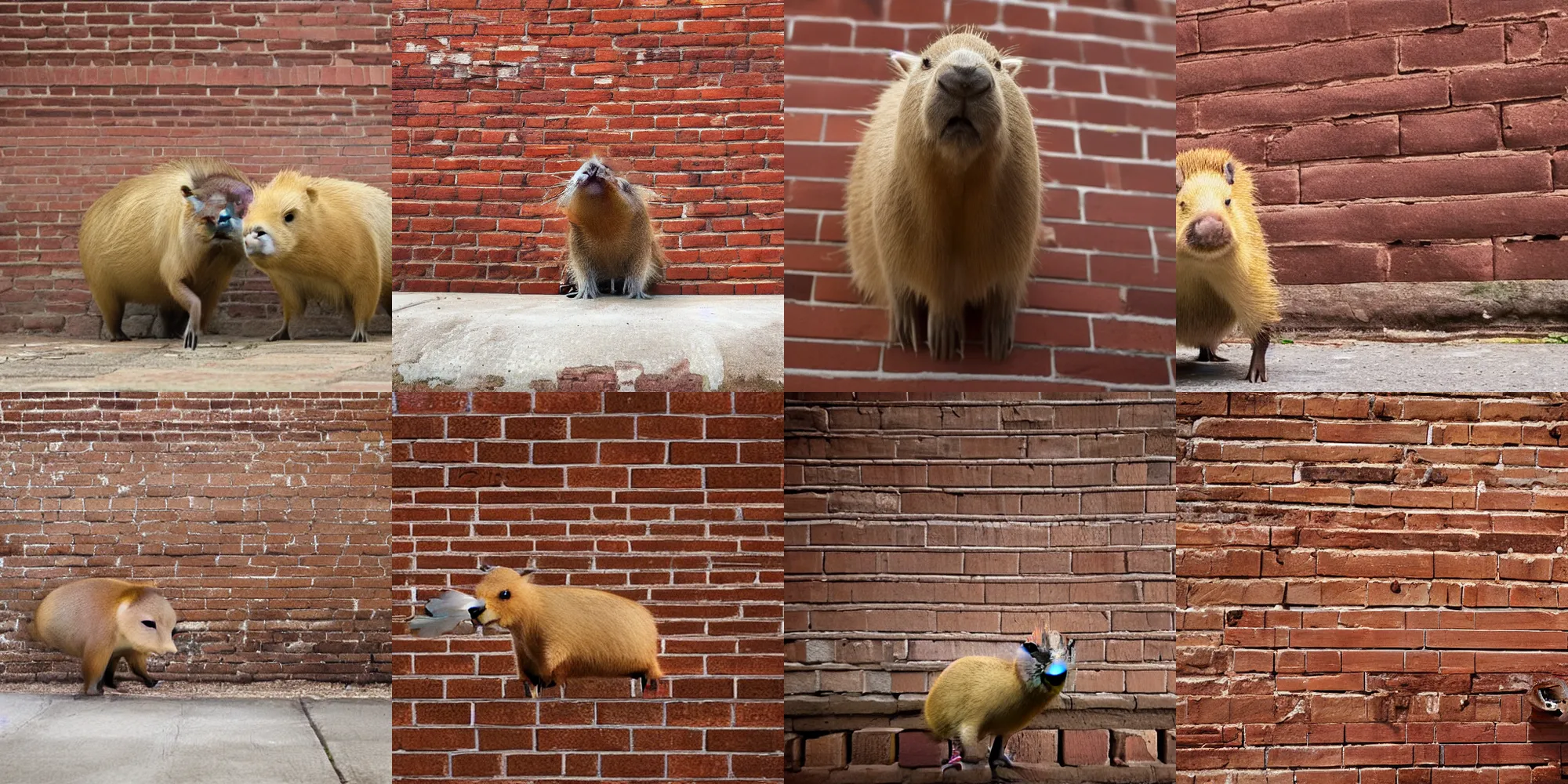 Prompt: Capybara bursting through brick wall, movie scene, bricks flying outwards