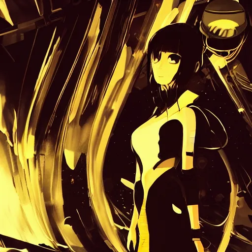 Image similar to Frequency indie album cover, luxury advertisement, golden filter, golden and black colors. A clean and detailed post-cyberpunk sci-fi close-up schoolgirl, she is very powerful, in asian city in style of cytus and deemo, mysterious vibes, by Tsutomu Nihei, by Ilya Kuvshinov, by Greg Tocchini, nier:automata, Yorda from Ico and Lain Iwakura, set in half-life 2, beautiful with eerie vibes, very inspirational, very stylish, with gradients, surrealistic, dystopia, postapocalyptic vibes, depth of field, mist, rich cinematic atmosphere, perfect digital art, mystical journey in strange world, beautiful dramatic dark moody tones and studio lighting, shadows, bastion game, arthouse