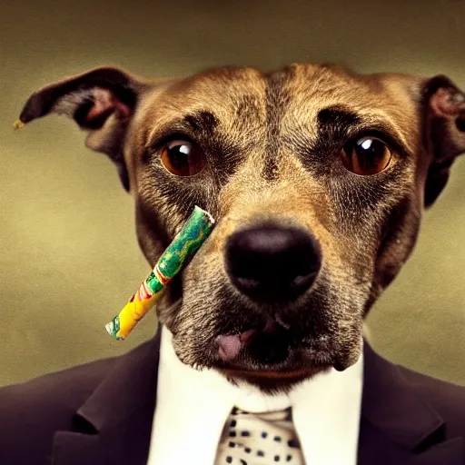 Image similar to a high detail closeup photograph of a dog wearing a suit 👔,and smoking a cigarrette🚬, award wining photograph, digital art