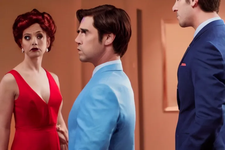 Image similar to full body film still of a man longingly looking at a woman in a red dress as a woman in a blue dress looks disgusted at the man in the new romance comedy movie, dramatic angle, dramatic lighting