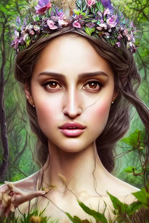 Prompt: hyper - realistic, gorgeous!!! woman resembling alicia vikander & eiza gonzalez as a fairy princess in the woods, elegant, cute, divine aura, nature goddess, dungeons and dragons, intricate, highly detailed, artstation, digital painting, character design, concept art, illustration, sharp focus, art by artgerm & jeehyung lee & wlop