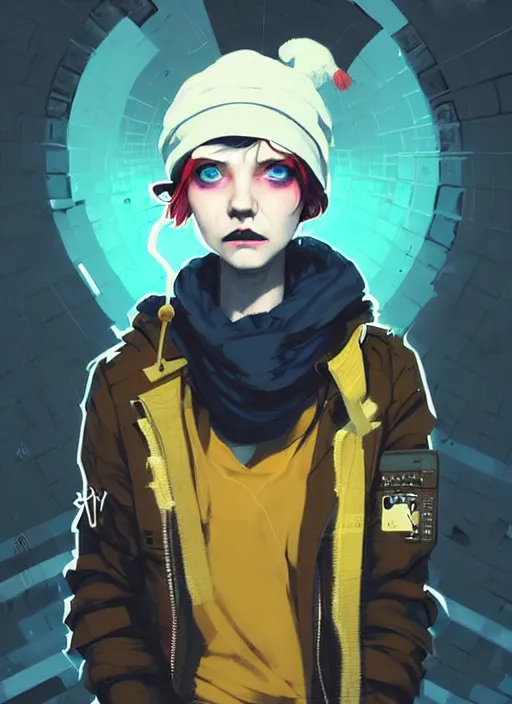 Image similar to highly detailed portrait of a sewer punk lady student, blue eyes, tartan hoody, hat, white hair by atey ghailan, by greg rutkowski, by greg tocchini, by james gilleard, by joe fenton, by kaethe butcher, gradient yellow, black, brown and cyan color scheme, grunge aesthetic!!! ( ( graffiti tag wall background ) )