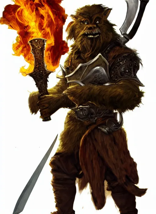 Image similar to photorealistic bugbear ranger holding sword on fire, magic, black beard, dungeons and dragons, pathfinder, roleplaying game art, hunters gear, jeweled ornate leather and steel armour, concept art, character design on white background, by sargent, norman rockwell, makoto shinkai, kim jung giu, artstation trending, poster art, colours red