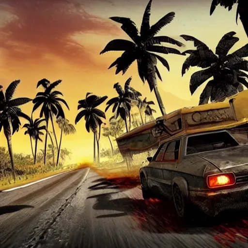 Image similar to far cry car leaking black tar chaotic intensive apocalyptic adrenaline anger oil black tar landscape wasteland miami desert landscape natural disasters sunset palm trees landscape hotline Miami style