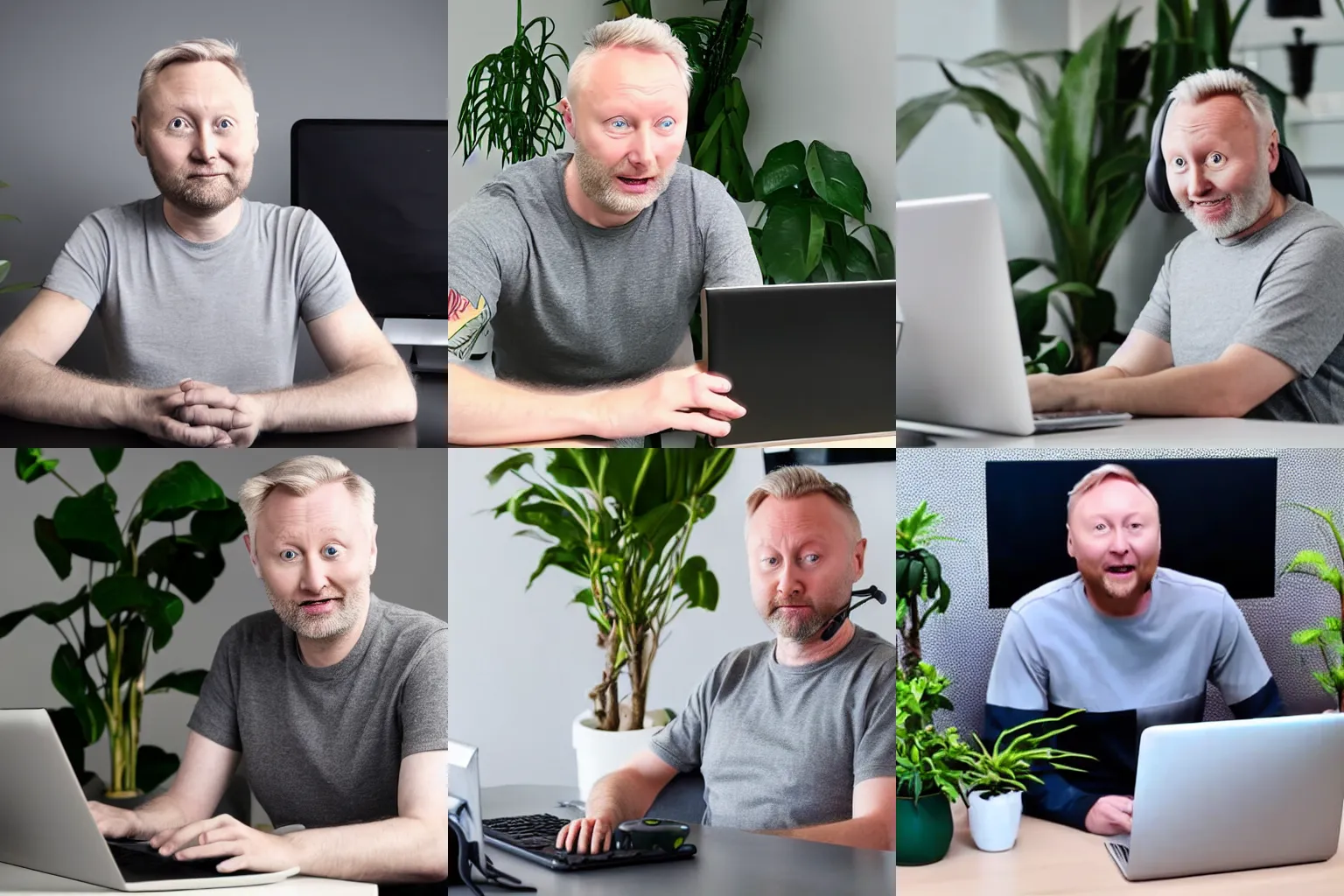 Prompt: a handsome white man with grey hair that looks exactly like limmy wearing a grey tshirt playing pc games on a desktop pc in a grey room with house plants