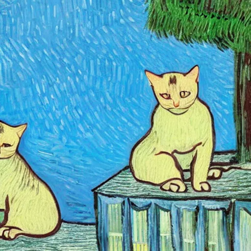 Image similar to two Siamese cats sitting on a windowsill with blue sky and trees in the style of van gogh