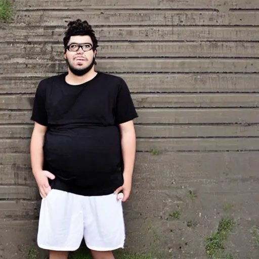 Prompt: a plump 20 year old 1/4 black white mixed male with large frame, long brown puffy curly hair, square jaw, wearing black rimmed glasses, athletic shorts, a t-shirt, and slides