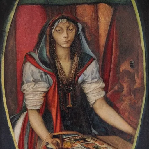 Image similar to an oil painting of a renaissance fortune teller with tarot cards in the style of Leonardo DaVinci