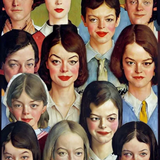 Image similar to Face portrait of Emma Stone\'s clones with various looks. Painting by Norman Rockwell.