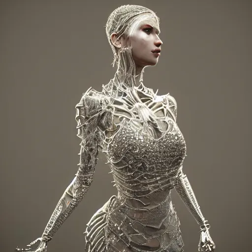 Prompt: full body detailed, ethereal chrome dress, biomechanical, covered in diamonds and other gems glowing, highly detailed face, elegant posed, intricate, extremy detailed, beeple, cgsociety, 3 d unreal engine octane render. cinematic lighting, highly detailed 4 k art