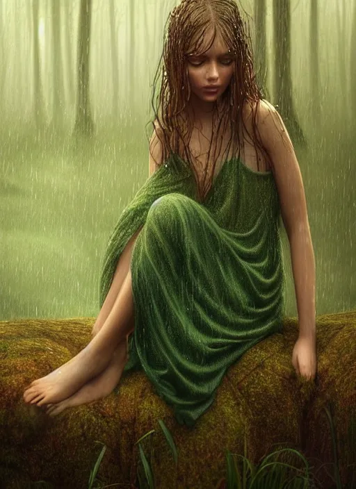 Prompt: young woman sitting : : wet hair and dress : : raining forest nature : : weta disney pixar movie still photo : : decadent highly - detailed digital painting, full length shot, golden ratio, octane render, artstation, smooth, sharp focus, artgerm, mucha, loish, wlop, gogo