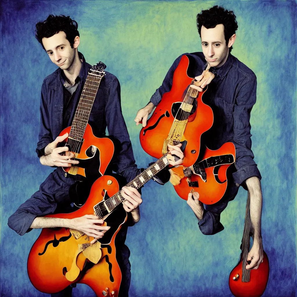 Image similar to award winning photo of julian lage playing jazz guitar, vivid colors, happy, symmetrical face, beautiful eyes, studio lighting, wide shot art by Sally Mann & Arnold Newman