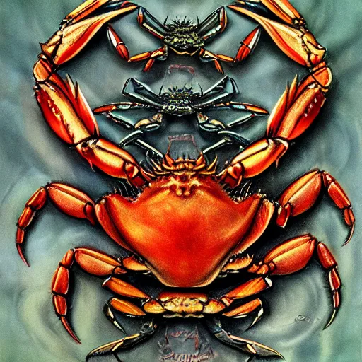 Image similar to detailed and sharp crab god zodiac artwork, mystic style, detailed, 8 k, detailed, symmetrical, by brian froud