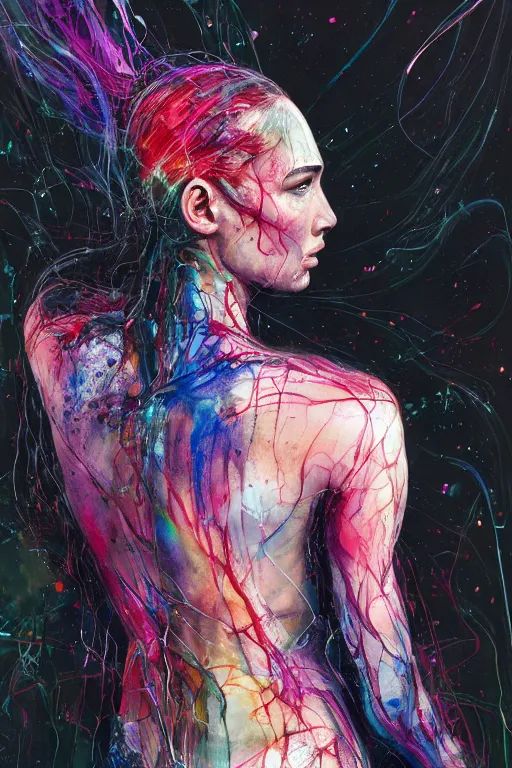 Image similar to gal gadot by agnes cecile enki bilal moebius, intricated details, 3 / 4 back view, full body portrait, extremely luminous bright design, pastel colours, drips, autumn lights