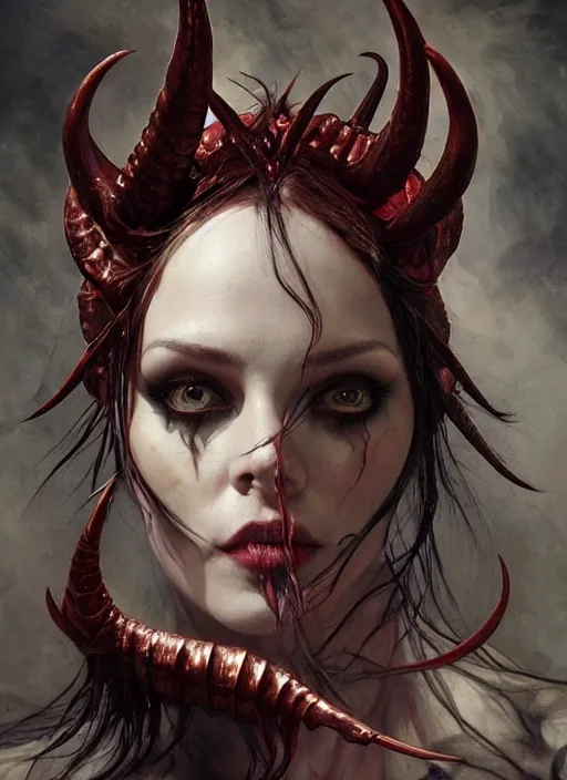Prompt: half demon half human intricate skin scales costume, elegant, peaceful, full body, horns, hyper realistic, extremely detailed, dnd character art portrait, fantasy art, intricate fantasy painting, dramatic lighting, vivid colors, deviant art, artstation, by edgar maxence and caravaggio and michael whelan and delacroix.