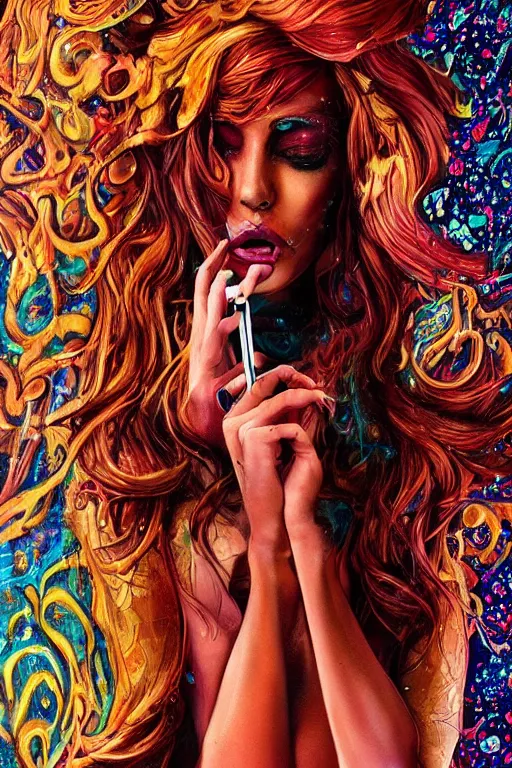 Prompt: a psychedelic detailed gorgeous acid trip painting of an extremely sexy elegant and attractive female character, wearing a tight-fitting tan detective jacket, detective had on her head, beautiful [long red hair] in loose curls, slender woman, very curvy, noir, smoking a fancy long french cigarette, in the rain in the early evening, cinematic, dramatic lighting, full body view, cool pose, artwork by Artgerm, Rutkowski, Dale Keown and Van Sciver, featured on artstation, cgsociety, behance hd