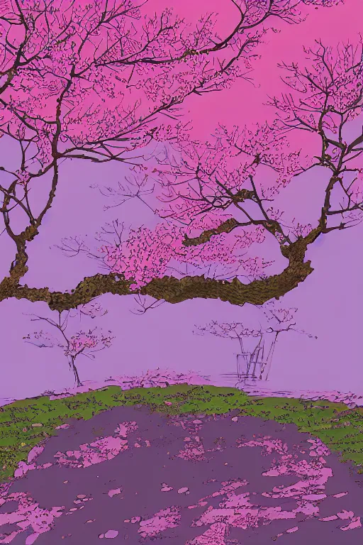 Image similar to concept art painting of a lush cherry blossom tree in winter, moebius, inio asano, toon shading, cel shading, calm, tranquil, vaporwave colors,