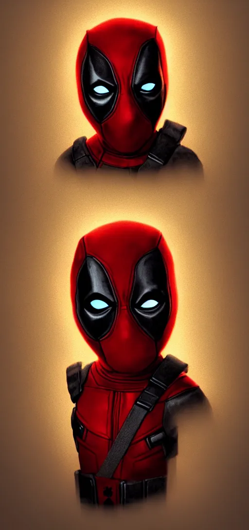 Prompt: portrait of baby deadpool, elegant, glowing lights, highly detailed, hdr, artstation, concept art