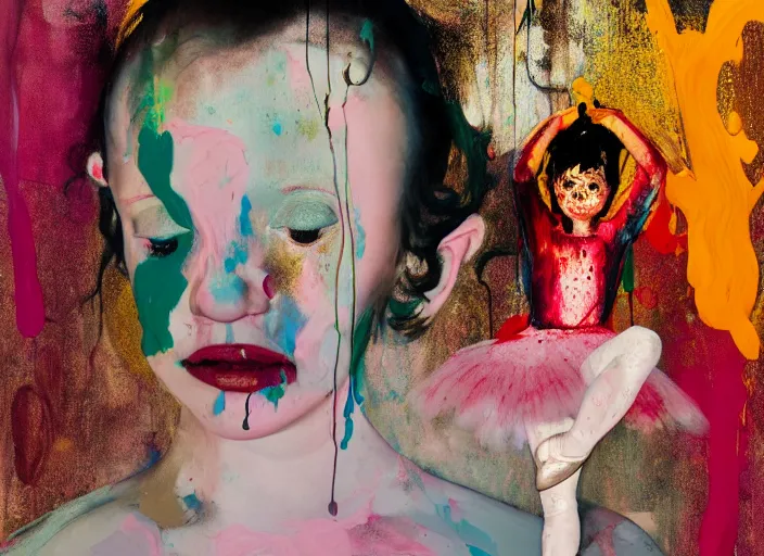 Image similar to portrait of nervous young girl ballerina sitting on the floor focusing in a dance hall by hernan bas and francis bacon and alberto seveso and pat steir and hilma af klint, psychological, symmetrical face, dripping paint, washy brush, matte painting, rendered in octane, altermodern, masterpiece