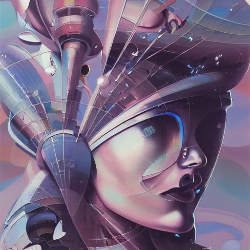 Image similar to scifi futurism automaton minimalism chrome by peter mohrbacher art Hajime Sorayama airbrush hyperrealism model abstract shatter fragments cubism futurism pastel blue soft flat minimal minimalism portrait face jackson pollock ukiyo-e lithograph mark ruthko swirl escape