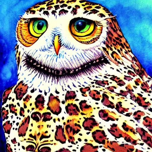 Prompt: snowy owl leopard cat gryphon, Louis William Wain watercolor, fantasy