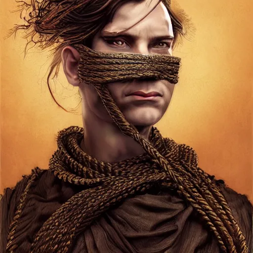 Image similar to portrait of a Shibari rope wrapped face and neck, headshot, insanely nice professional hair style, dramatic hair color, digital painting, of a old 15th century, roman soilder, amber jewels, baroque, ornate clothing, scifi, realistic, hyperdetailed, chiaroscuro, concept art, art by Franz Hals and Jon Foster and Ayami Kojima and Amano and Karol Bak,