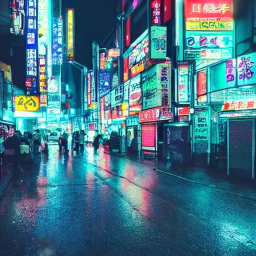 Image similar to cyberpunk Tokyo rainy street, bright neon lights, photorealistic